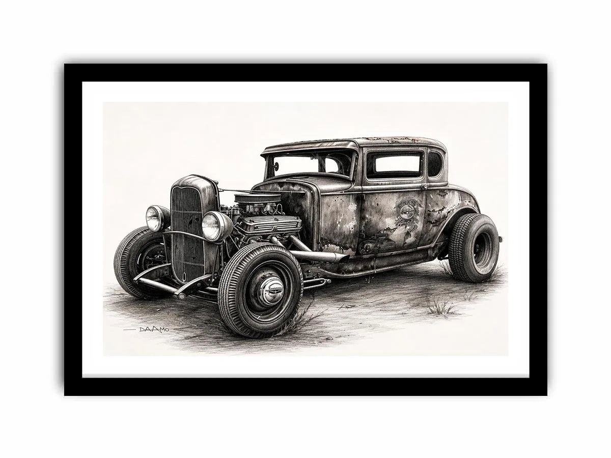 Vintage hot rod coupe pencil drawing black and white industrial muscle car wall art with exposed engine and retro rat rod styling