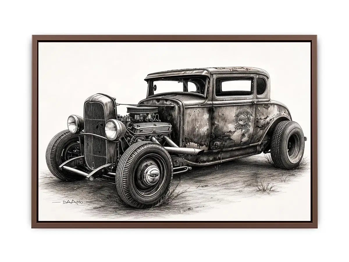 Vintage hot rod coupe pencil drawing black and white industrial muscle car wall art with exposed engine and retro rat rod styling