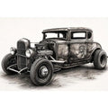 Vintage hot rod coupe pencil drawing black and white industrial muscle car wall art with exposed engine and retro rat rod styling