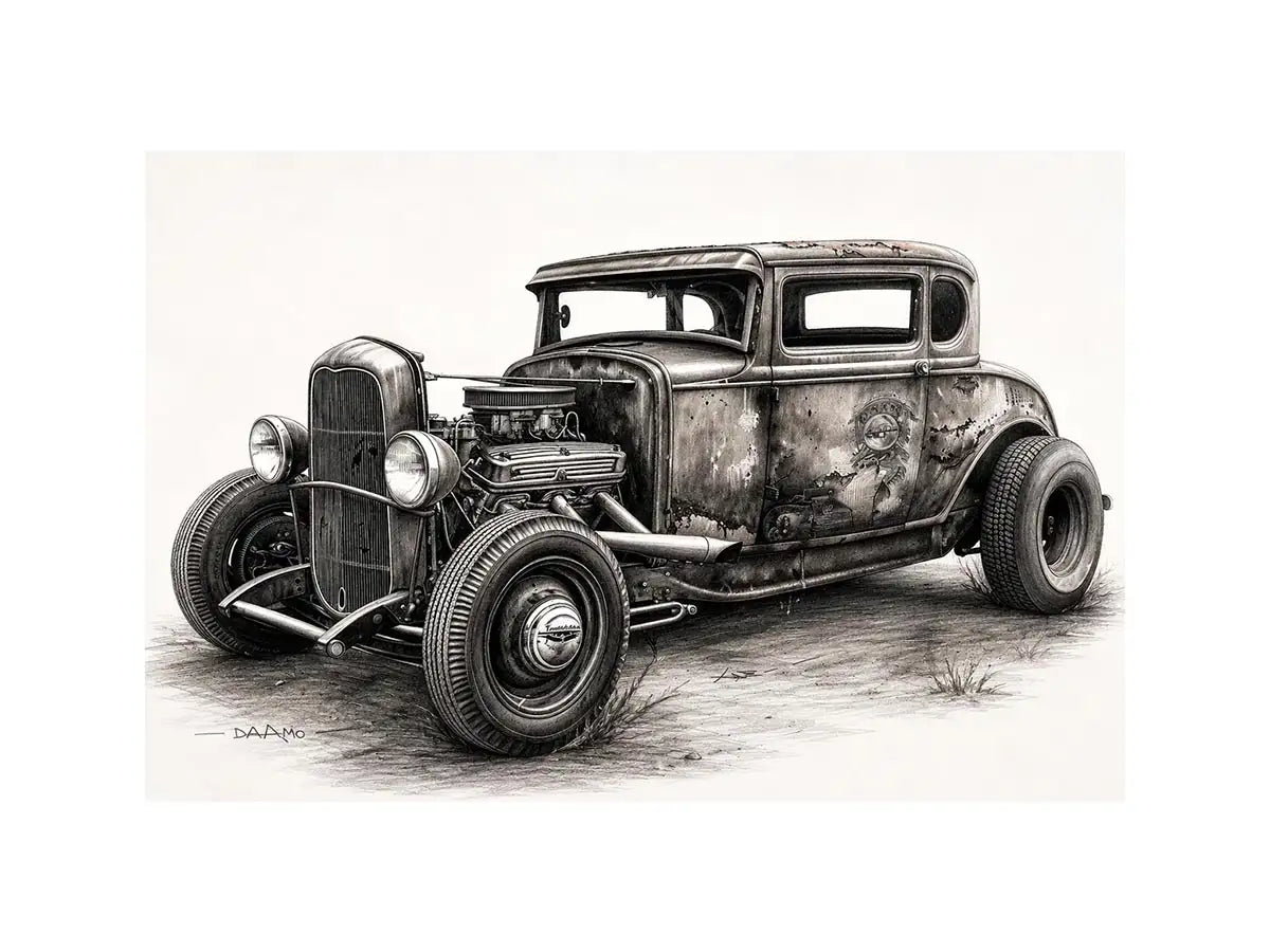 Vintage hot rod coupe pencil drawing black and white industrial muscle car wall art with exposed engine and retro rat rod styling