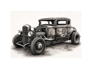 Vintage hot rod coupe pencil drawing black and white industrial muscle car wall art with exposed engine and retro rat rod styling
