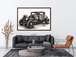 Vintage hot rod coupe pencil drawing black and white industrial muscle car wall art with exposed engine and retro rat rod styling