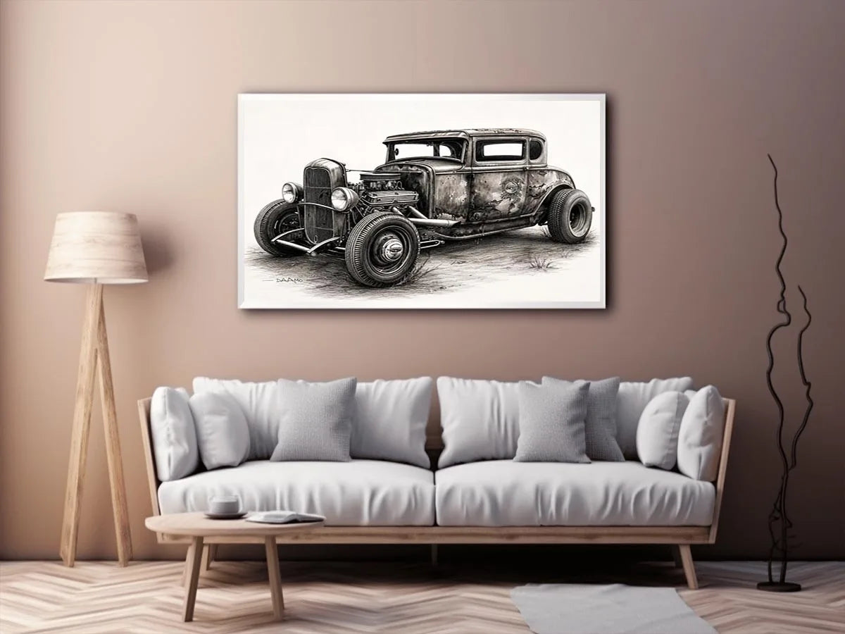 Vintage hot rod coupe pencil drawing black and white industrial muscle car wall art with exposed engine and retro rat rod styling