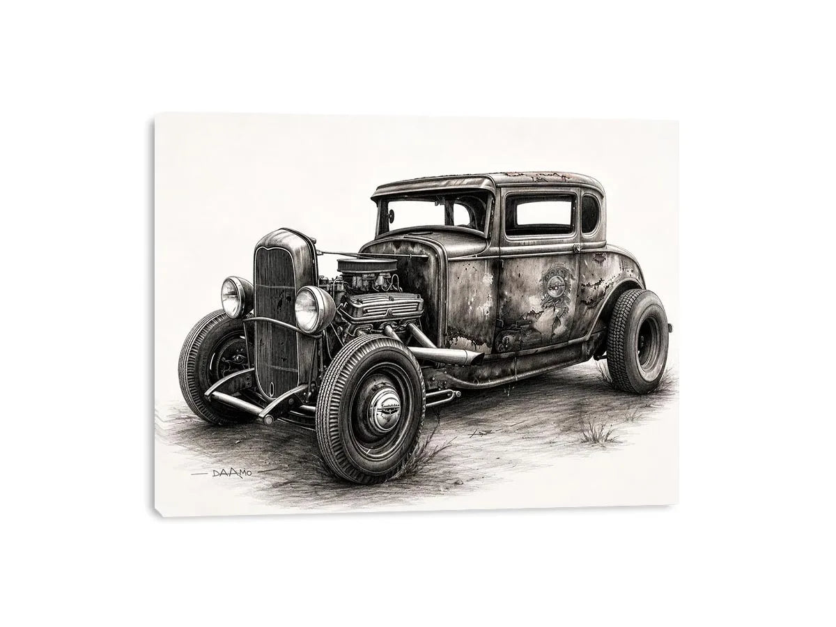 Vintage hot rod coupe pencil drawing black and white industrial muscle car wall art with exposed engine and retro rat rod styling