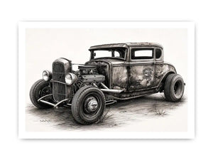 Vintage hot rod coupe pencil drawing black and white industrial muscle car wall art with exposed engine and retro rat rod styling
