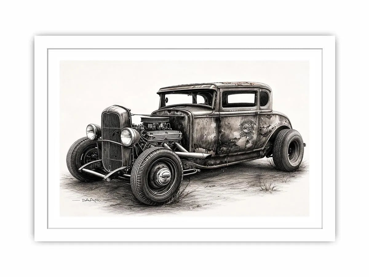 Vintage hot rod coupe pencil drawing black and white industrial muscle car wall art with exposed engine and retro rat rod styling