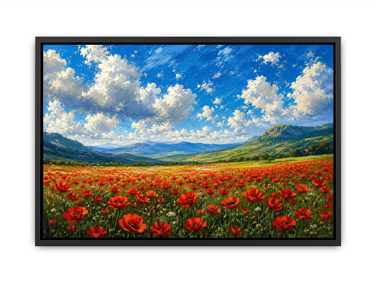 red poppy field landscape painting with blue sky clouds and rolling green hills floral wall art canvas