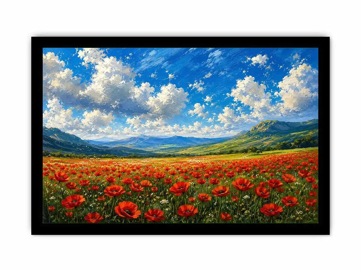 red poppy field landscape painting with blue sky clouds and rolling green hills floral wall art canvas