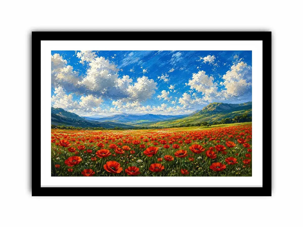 red poppy field landscape painting with blue sky clouds and rolling green hills floral wall art canvas
