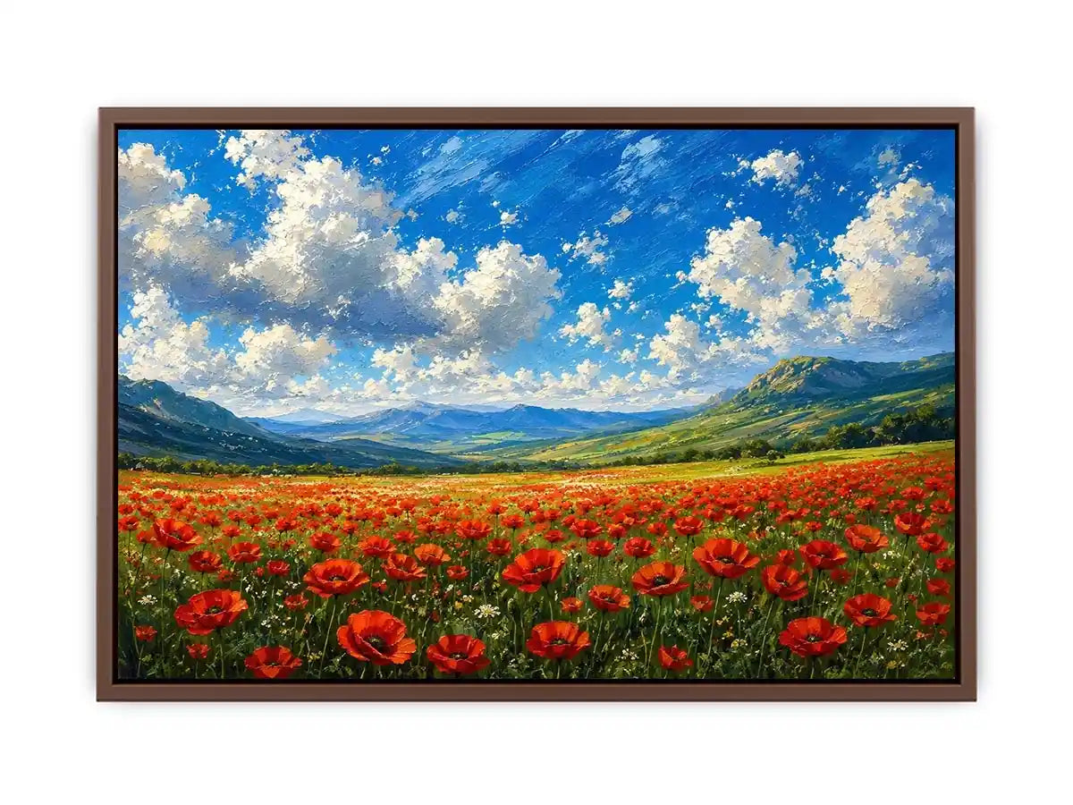 red poppy field landscape painting with blue sky clouds and rolling green hills floral wall art canvas