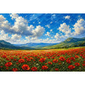 red poppy field landscape painting with blue sky clouds and rolling green hills floral wall art canvas
