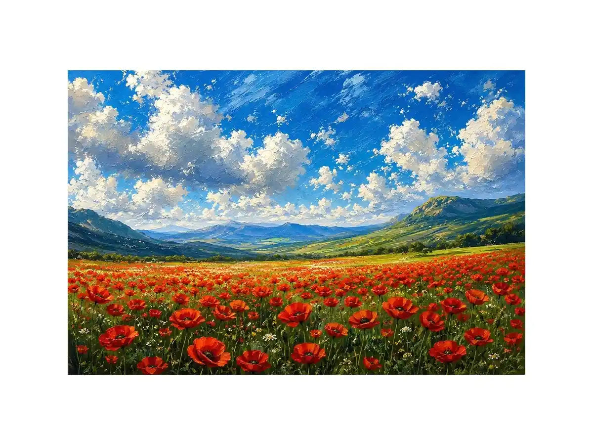 red poppy field landscape painting with blue sky clouds and rolling green hills floral wall art canvas