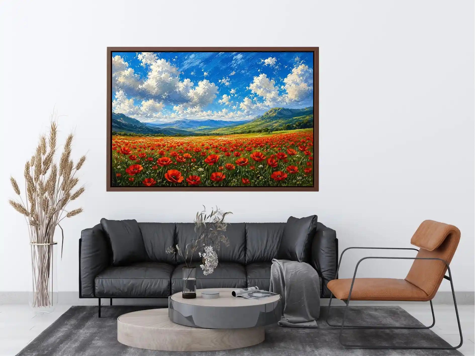 red poppy field landscape painting with blue sky clouds and rolling green hills floral wall art canvas
