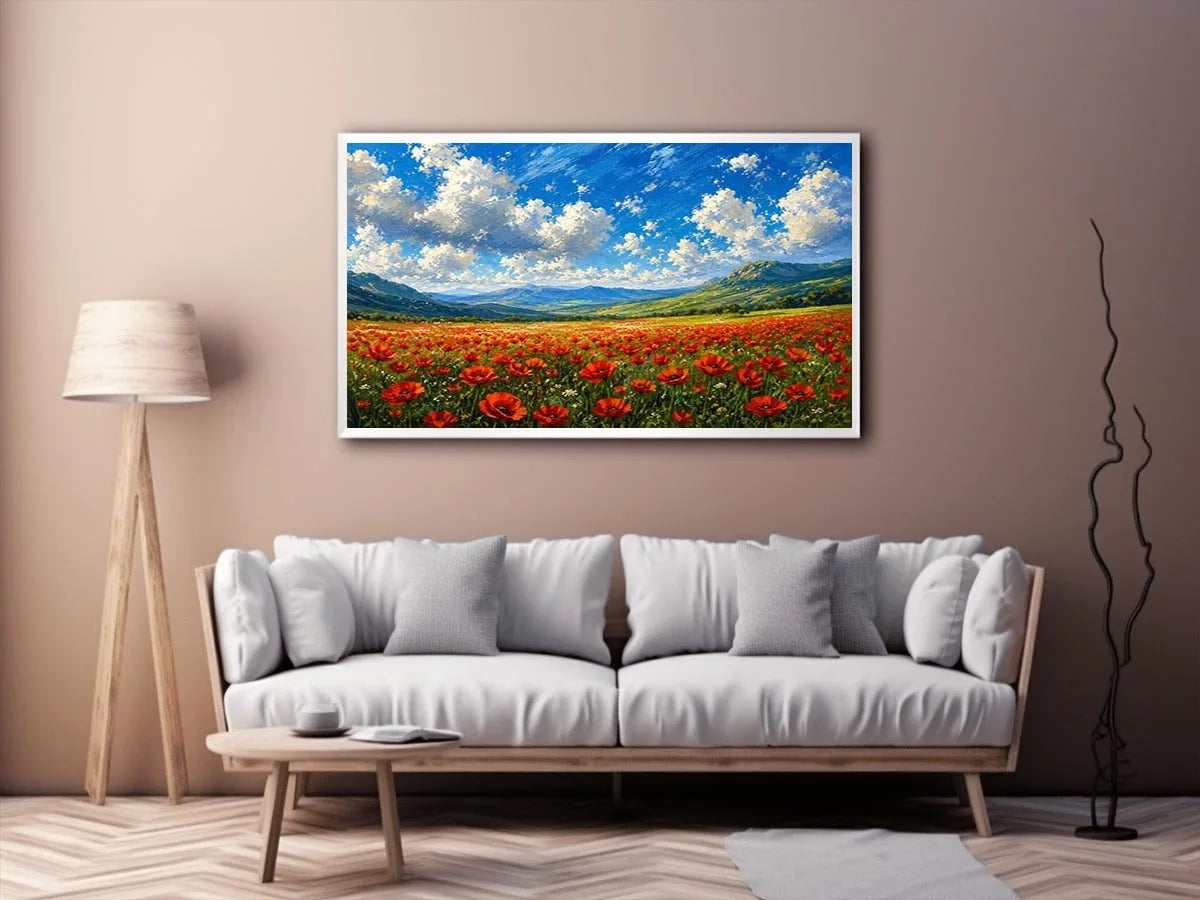 red poppy field landscape painting with blue sky clouds and rolling green hills floral wall art canvas