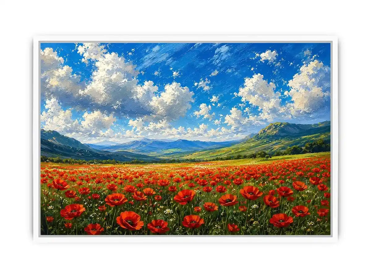 red poppy field landscape painting with blue sky clouds and rolling green hills floral wall art canvas