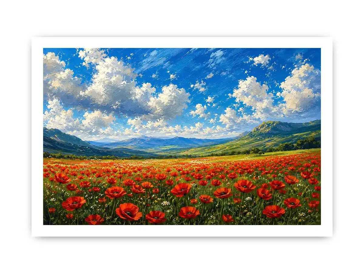red poppy field landscape painting with blue sky clouds and rolling green hills floral wall art canvas