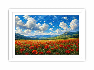 red poppy field landscape painting with blue sky clouds and rolling green hills floral wall art canvas