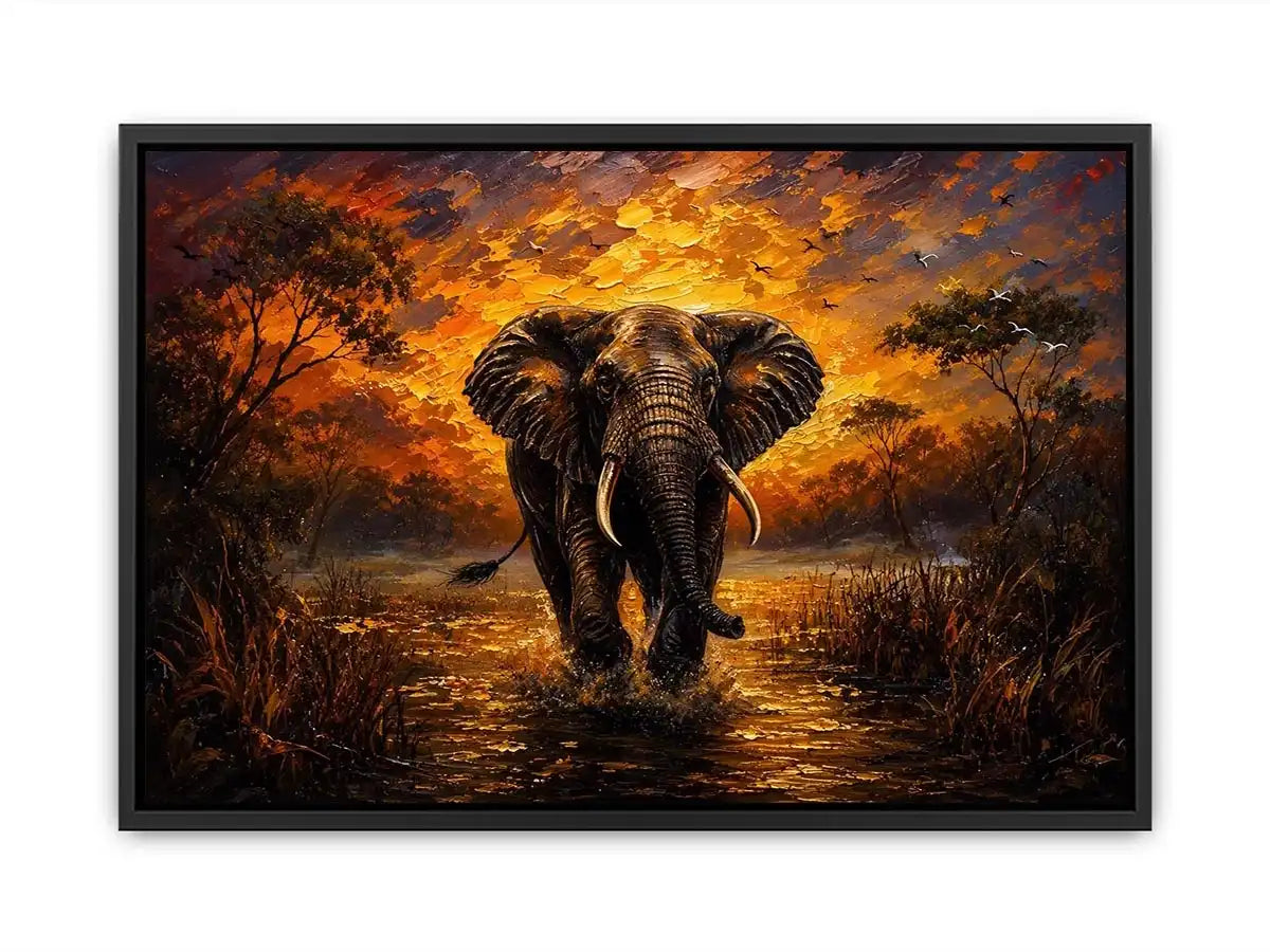 Majestic elephant wildlife painting with golden sunset landscape and dramatic safari scenery wall art canvas
