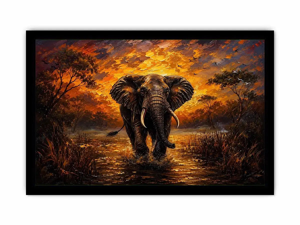 Majestic elephant wildlife painting with golden sunset landscape and dramatic safari scenery wall art canvas