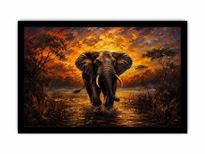 Majestic elephant wildlife painting with golden sunset landscape and dramatic safari scenery wall art canvas