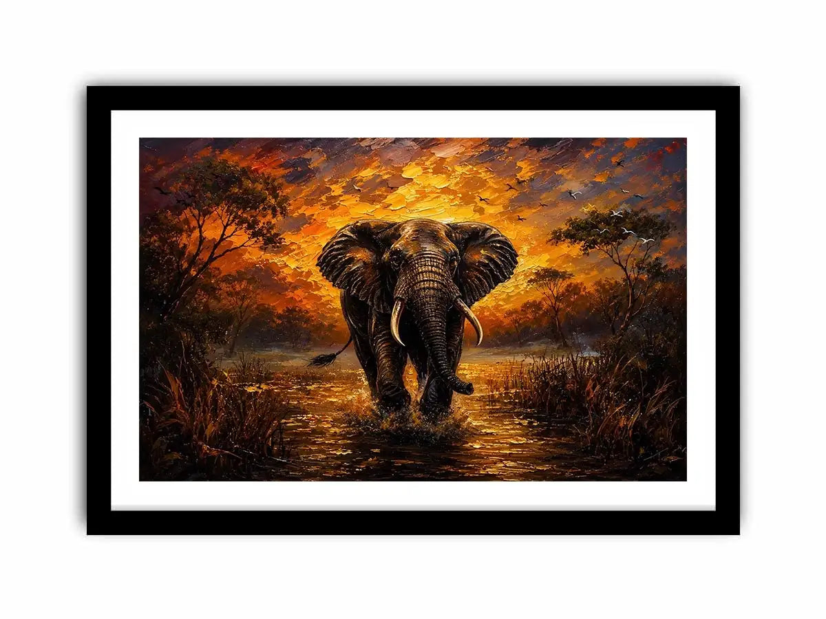 Majestic elephant wildlife painting with golden sunset landscape and dramatic safari scenery wall art canvas