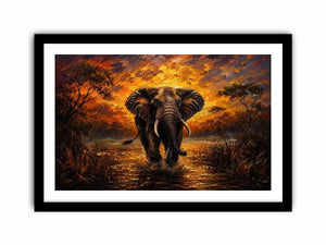 Majestic elephant wildlife painting with golden sunset landscape and dramatic safari scenery wall art canvas