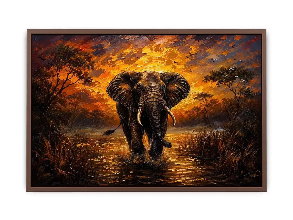 Majestic elephant wildlife painting with golden sunset landscape and dramatic safari scenery wall art canvas