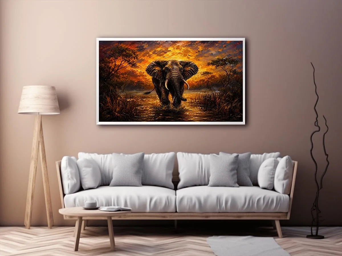 Majestic elephant wildlife painting with golden sunset landscape and dramatic safari scenery wall art canvas