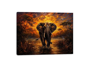 Majestic elephant wildlife painting with golden sunset landscape and dramatic safari scenery wall art canvas