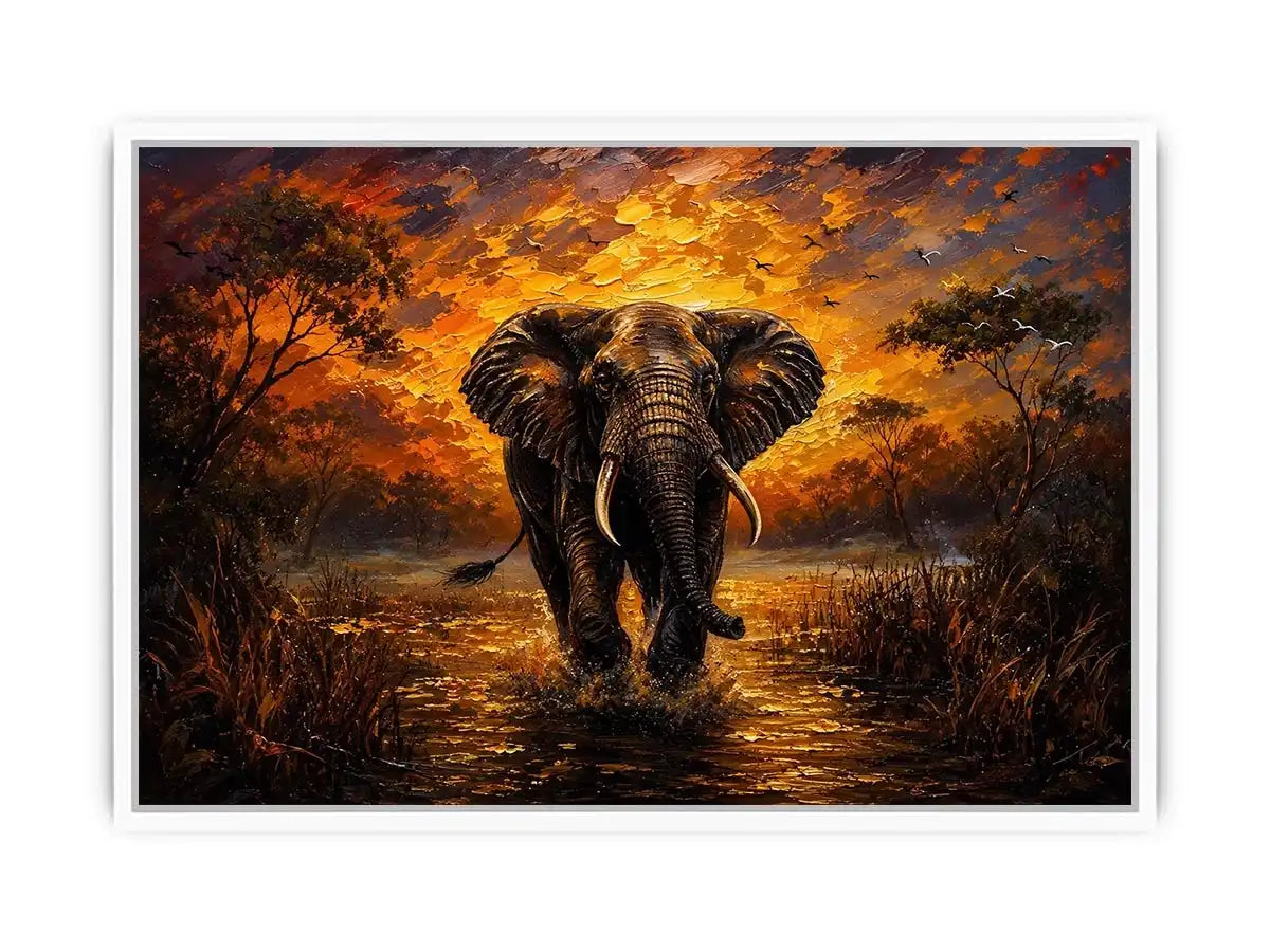 Majestic elephant wildlife painting with golden sunset landscape and dramatic safari scenery wall art canvas