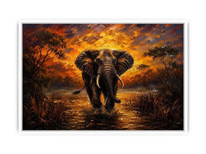 Majestic elephant wildlife painting with golden sunset landscape and dramatic safari scenery wall art canvas
