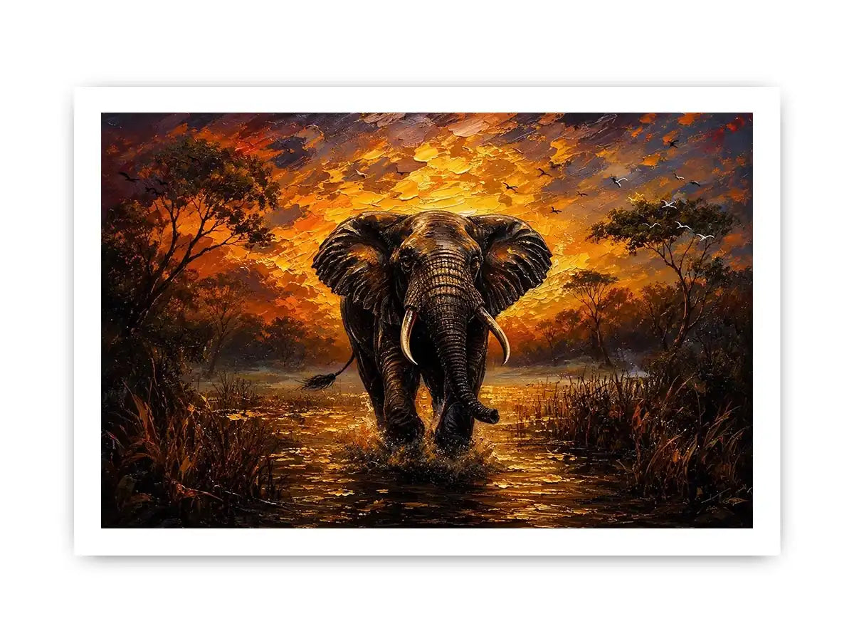 Majestic elephant wildlife painting with golden sunset landscape and dramatic safari scenery wall art canvas