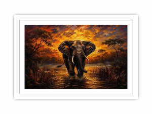 Majestic elephant wildlife painting with golden sunset landscape and dramatic safari scenery wall art canvas
