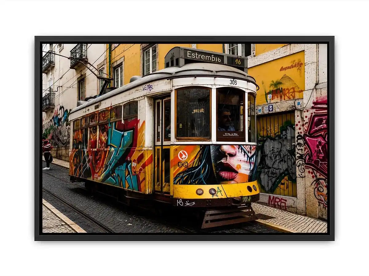Colorful graffiti tram street art wall canvas with urban cityscape and vintage streetcar photography style