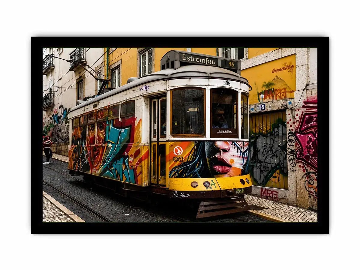 Colorful graffiti tram street art wall canvas with urban cityscape and vintage streetcar photography style