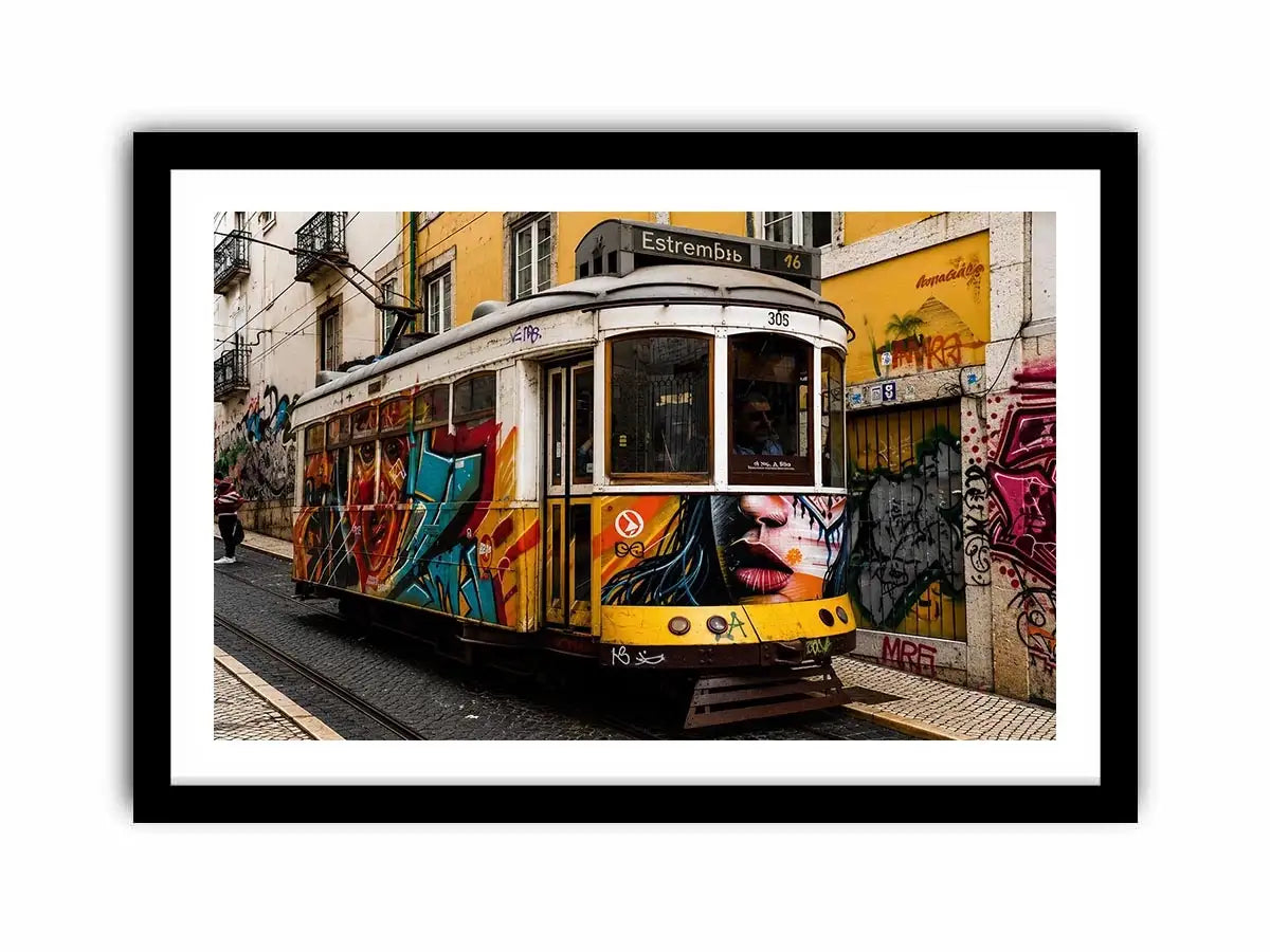 Colorful graffiti tram street art wall canvas with urban cityscape and vintage streetcar photography style