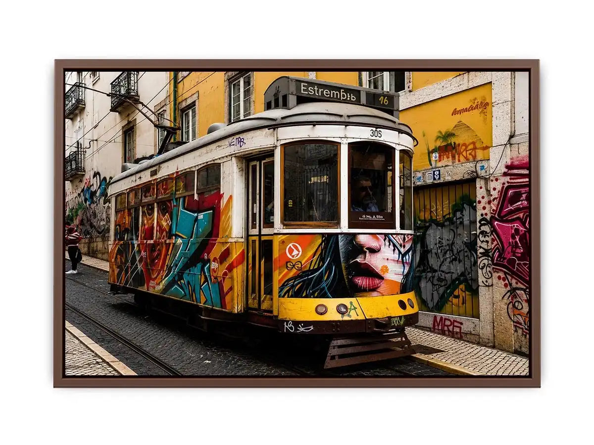 Colorful graffiti tram street art wall canvas with urban cityscape and vintage streetcar photography style