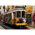 Colorful graffiti tram street art wall canvas with urban cityscape and vintage streetcar photography style