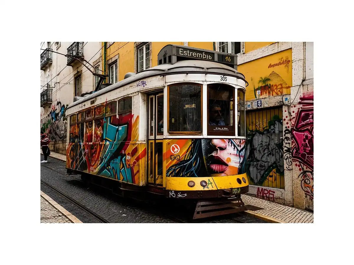 Colorful graffiti tram street art wall canvas with urban cityscape and vintage streetcar photography style