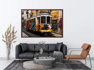 Colorful graffiti tram street art wall canvas with urban cityscape and vintage streetcar photography style