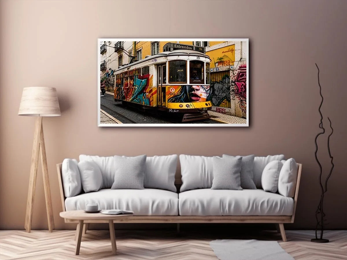 Colorful graffiti tram street art wall canvas with urban cityscape and vintage streetcar photography style