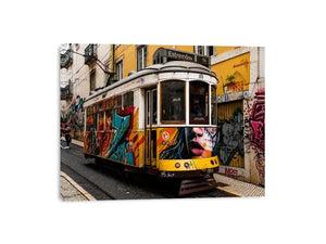 Colorful graffiti tram street art wall canvas with urban cityscape and vintage streetcar photography style