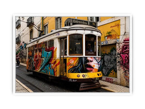Colorful graffiti tram street art wall canvas with urban cityscape and vintage streetcar photography style