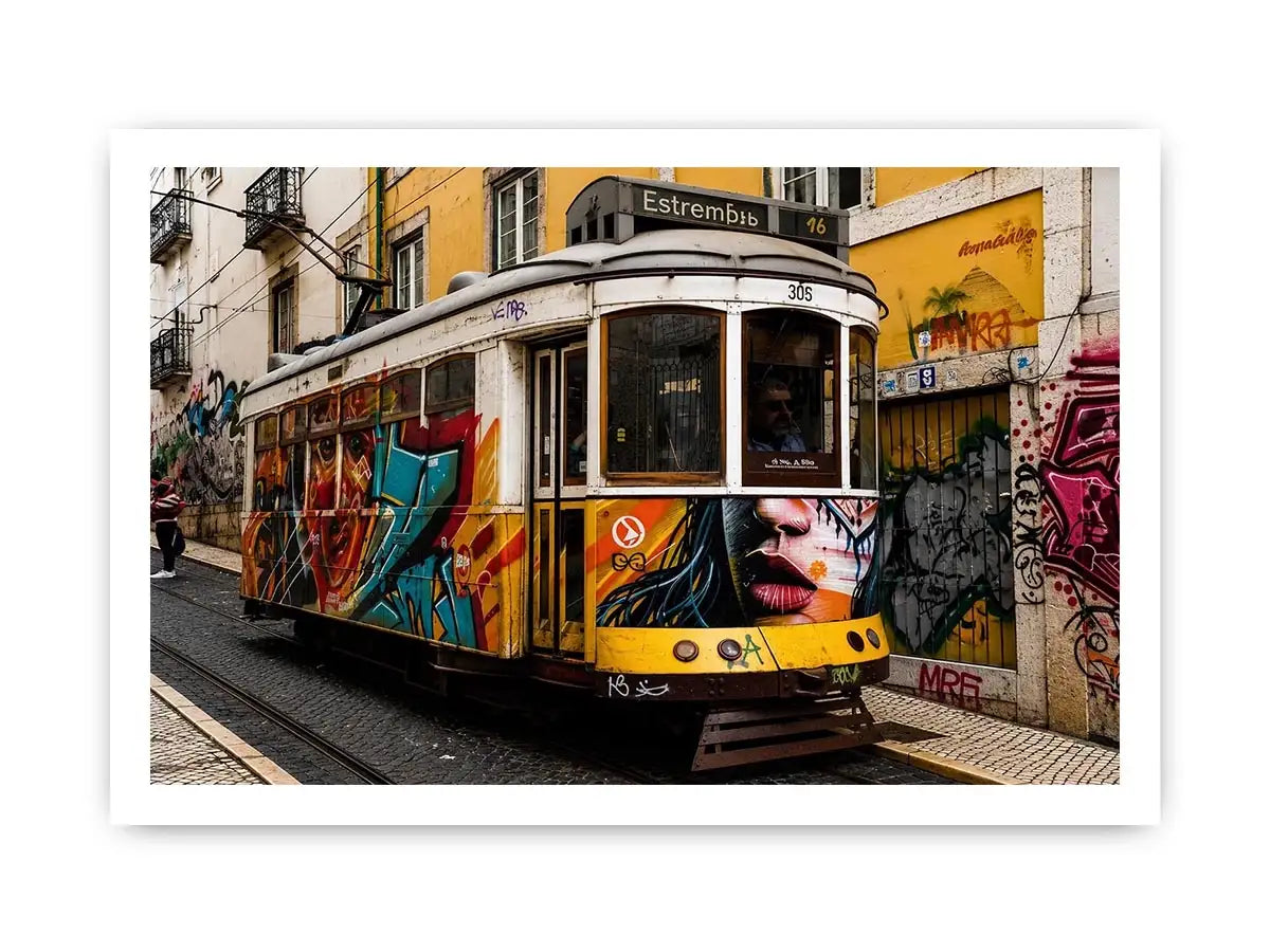 Colorful graffiti tram street art wall canvas with urban cityscape and vintage streetcar photography style