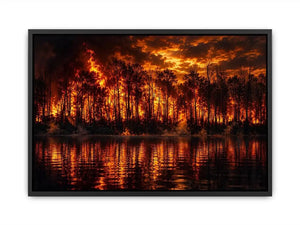 Dramatic wildfire forest landscape with blazing flames reflected on water   wall art canvas