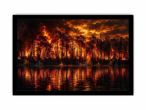 Dramatic wildfire forest landscape with blazing flames reflected on water   wall art canvas