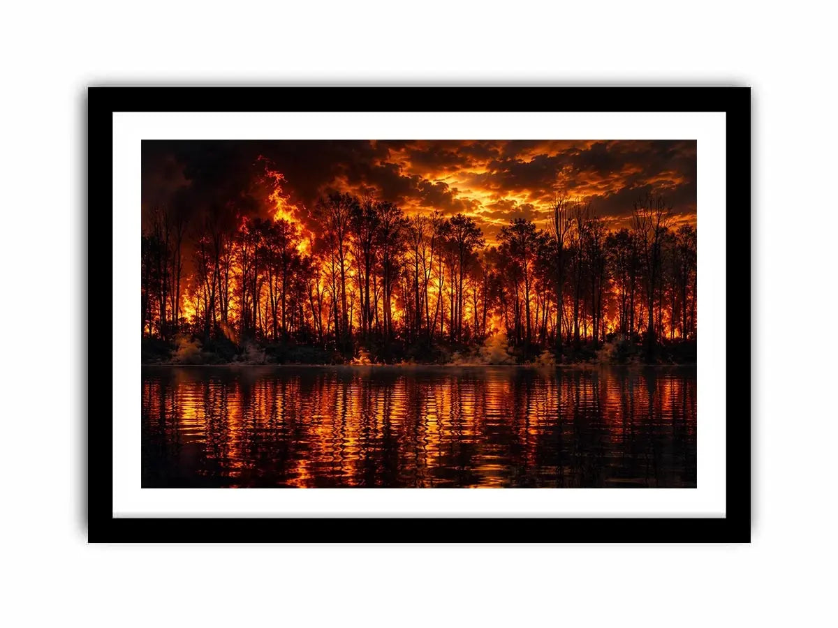 Dramatic wildfire forest landscape with blazing flames reflected on water   wall art canvas