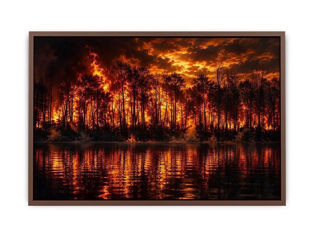 Dramatic wildfire forest landscape with blazing flames reflected on water   wall art canvas
