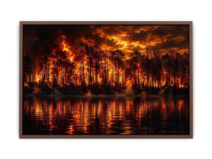 Dramatic wildfire forest landscape with blazing flames reflected on water   wall art canvas