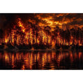 Dramatic wildfire forest landscape with blazing flames reflected on water   wall art canvas